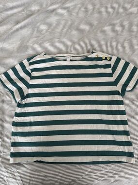 J. Crew Teal and White Striped Boatneck Tee